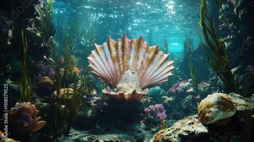 A vibrant underwater scene featuring a large seashell and coral. photo