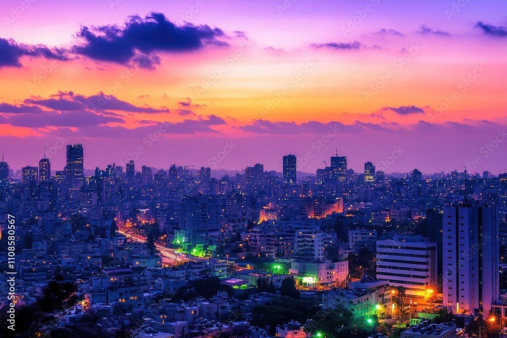 Obraz premium A vibrant city skyline at sunset, showcasing colorful lights and clouds.