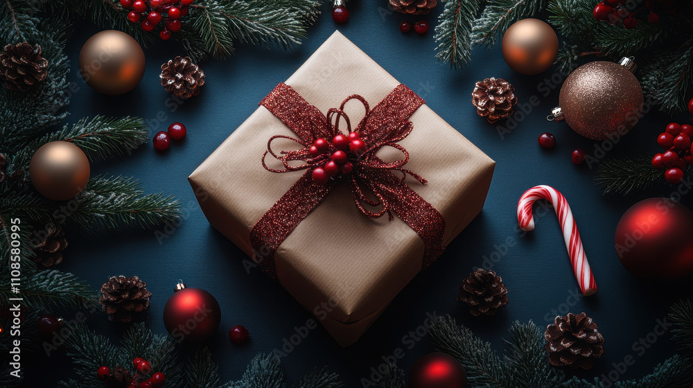 Festive Holiday Present with Elegant Wrapping Paper and Decorations Festive Holiday Present with Elegant Wrapping Paper and Decorations