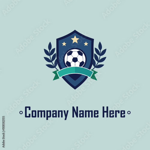 Shield soccer ball laurel stars ribbon dark blueteal