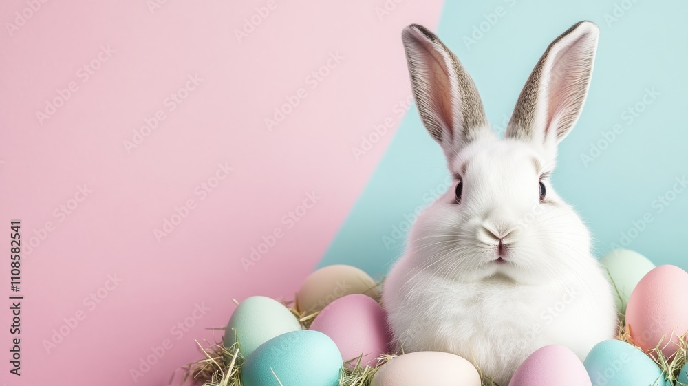 Obraz premium A cute white rabbit surrounded by pastel-colored eggs.