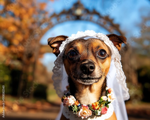 A small dog wearing a white veil and floral collar, posing in front of an ornate wedding arch, with a garden setting, high resolution 8K