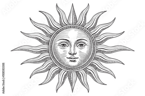 sun with face sketch engraving drawing vector illustration