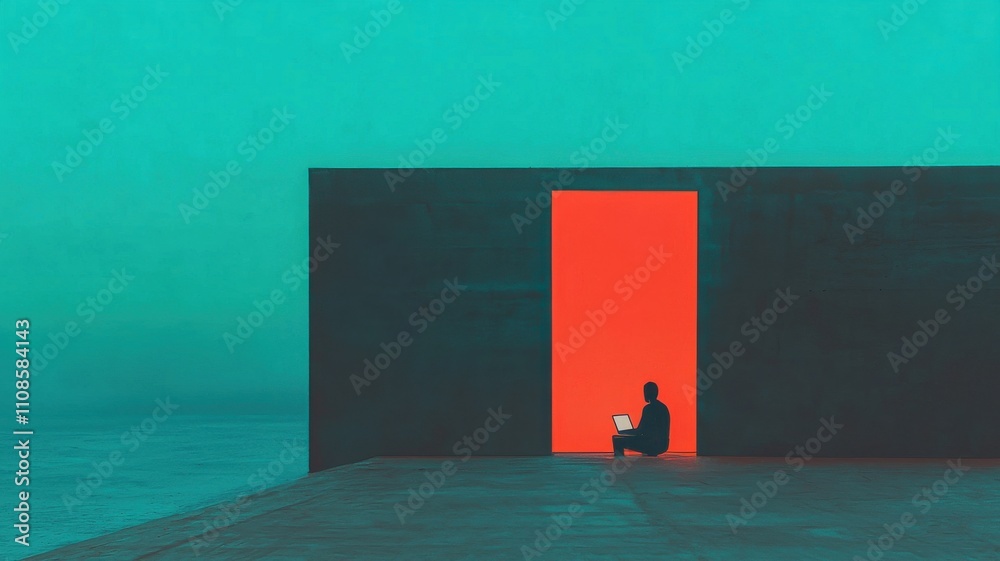 Obraz premium A solitary figure contemplates in front of a vibrant door.