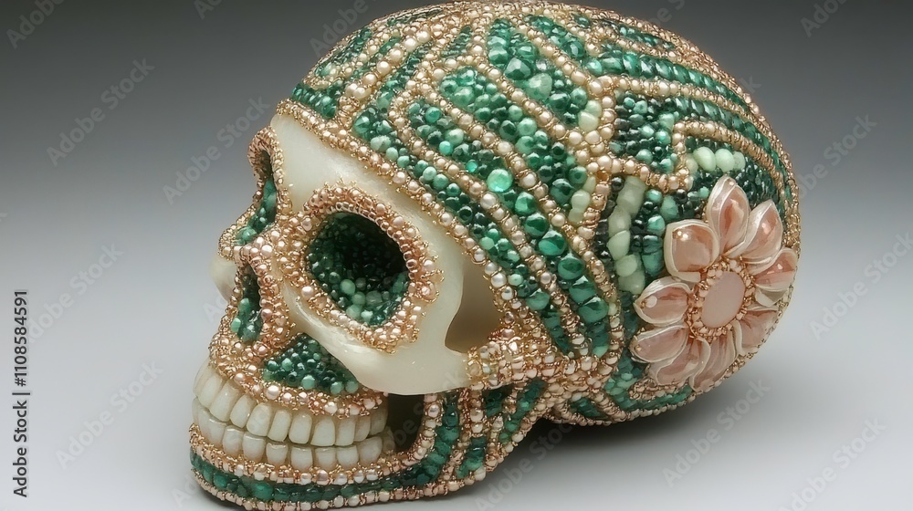 Fototapeta premium Intricate beaded skull art display creative studio sculpture artistic environment close-up perspective culture concept
