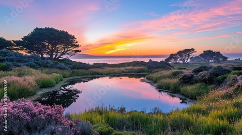 A vivid, colorful sunset merges into a crystal-clear blue sky, offering a breathtaking view of nature palette