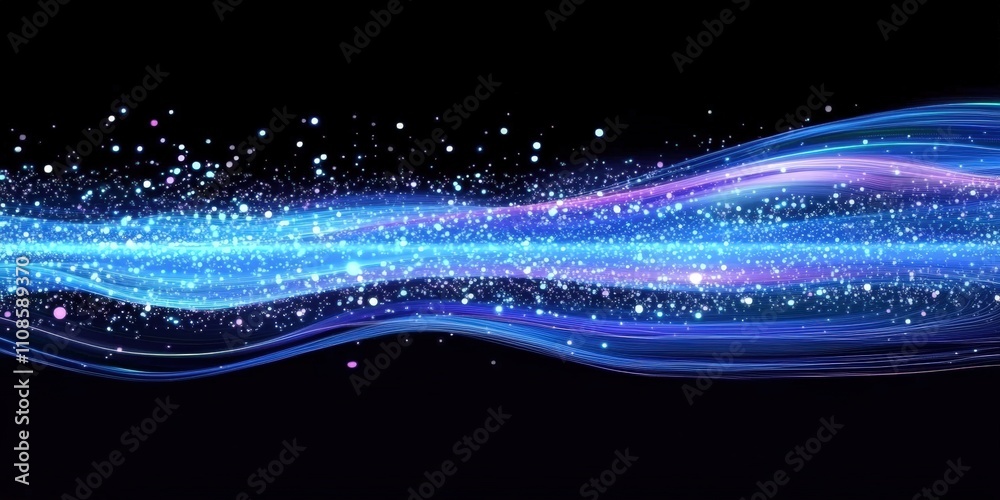 Obraz premium Ethereal Blue Light Beam with Glowing Data Stream on a Black Background, Vibrant Abstract Patterns Radiating Energy and Innovation