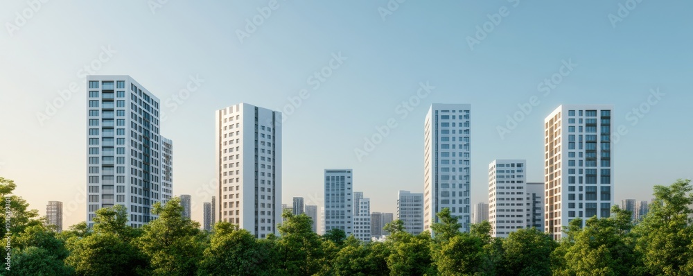 Fototapeta premium Modern city skyline with tall buildings surrounded by greenery.
