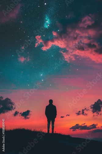 A man is standing on a hill at night. The sky is filled with stars and clouds