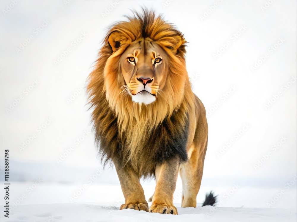 Obraz premium Majestic Male Lion, Isolated White Background, Candid Photo, Wildlife Photography, Big Cat, African Lion