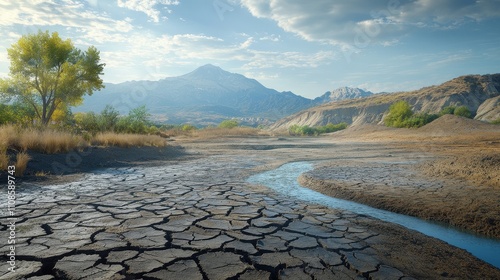 Dramatic Landscape of Cracked Earth, Winding River, and Majestic Mountains under a Partly Cloudy Sky.