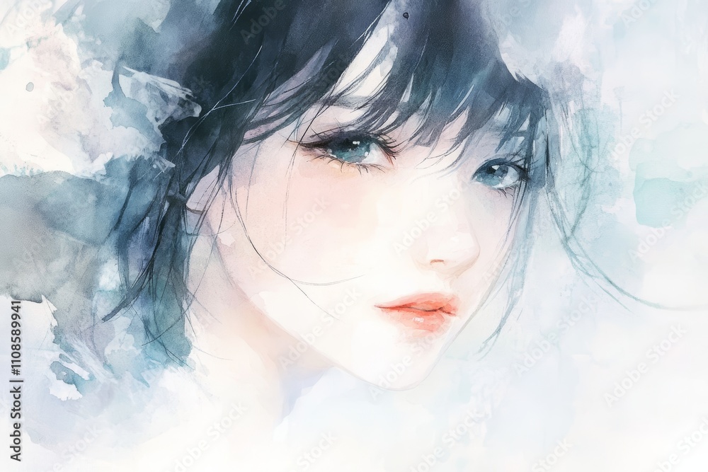 A woman with blue eyes and a blue headband. She has a blue and white background