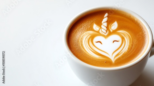 Coffee latte art with unicorn and heart design in white ceramic cup. photo