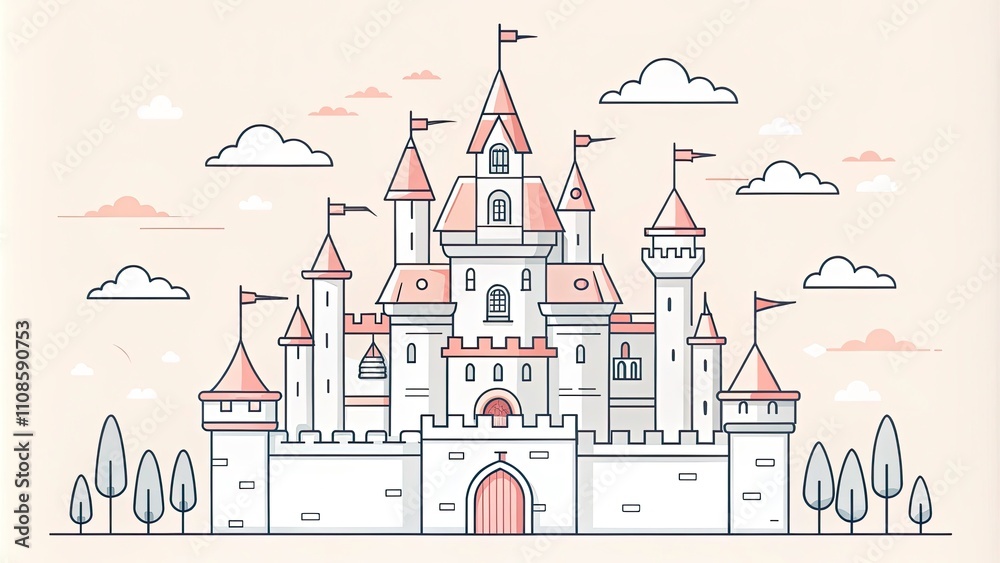 Naklejka premium Minimalist Line Art Fairytale Castle Illustration - Children's Book Design
