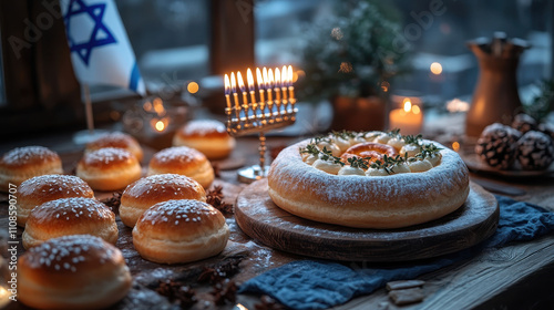 Festive Hanukkah Celebration with Menorah and Dreidel Decor photo