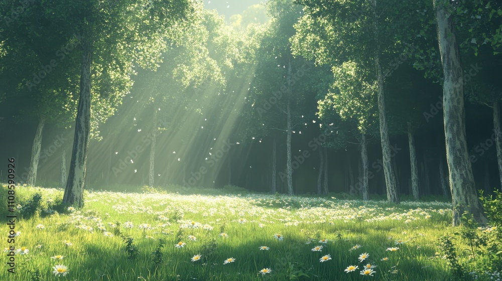 Obraz premium Sunlight streaming through trees in a serene forest landscape nature tranquil environment
