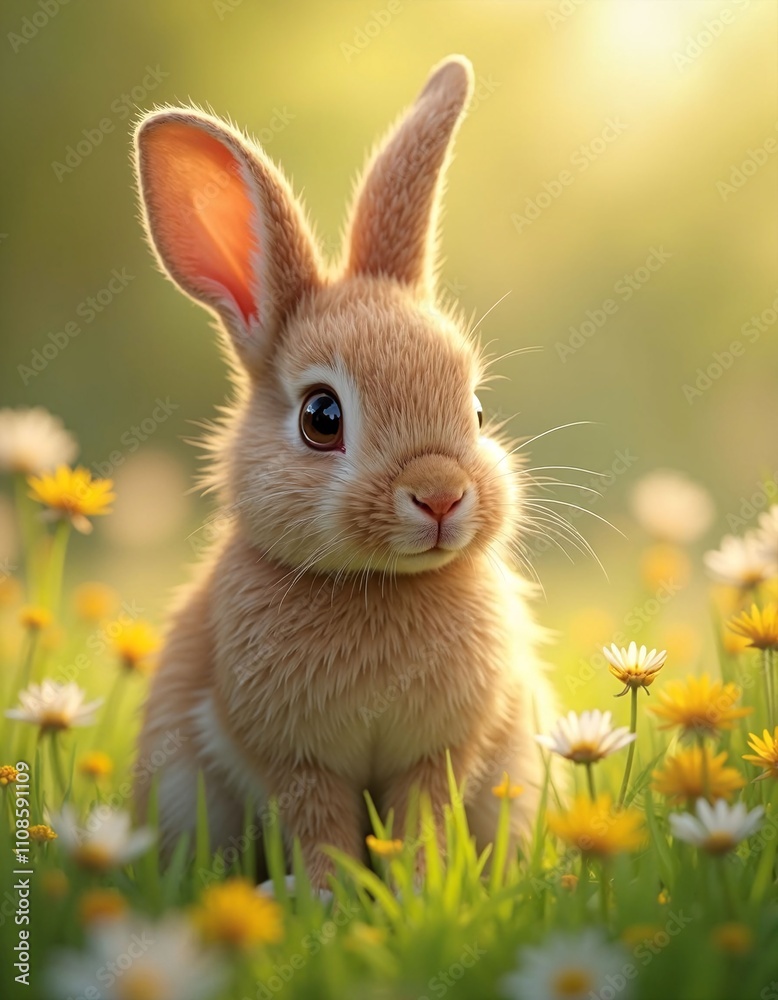 Fototapeta premium Easter cute little bunny on the grass. Elegant easter theme.