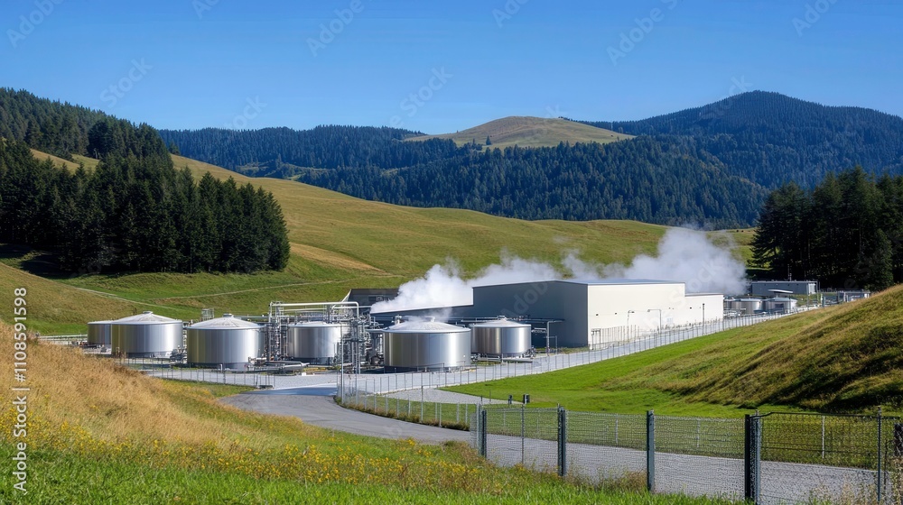 Fototapeta premium Industrial facility processing resources scenic hills photography natural landscape wide-angle view sustainability focus