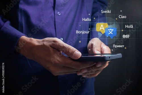 Man using a smartphone to translate different languages. Multilingual language translation concept. photo