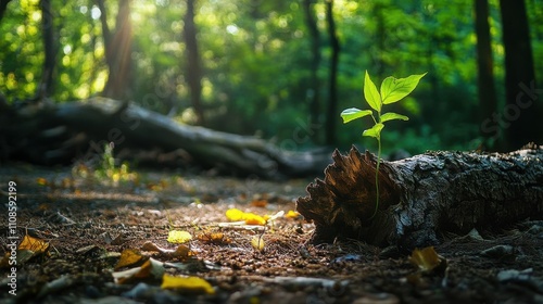 New Life Emerging A Sapling Sprouting from a Fallen Log in a Sun-Dappled Forest