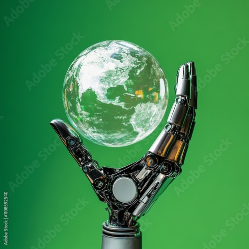 Globe crystal glass ball in robot hand. Green background with bokeh. Artificial Intelligence, World mental health and World earth day. Saving environment and World Ecology Concept.