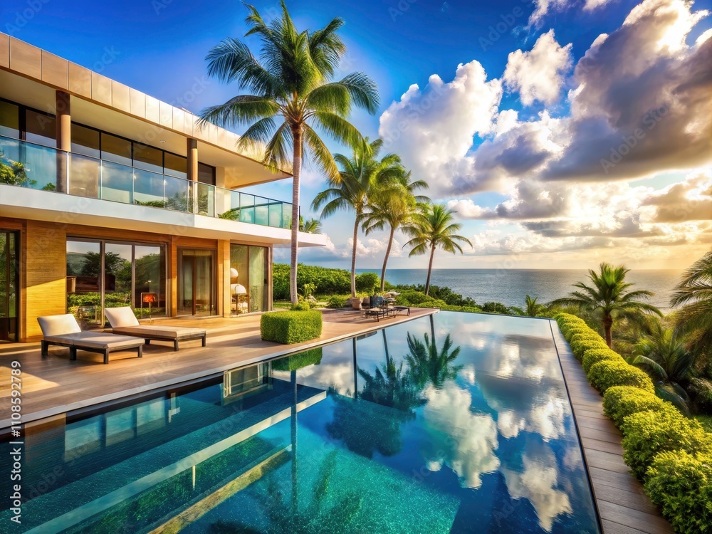 Fototapeta premium Panoramic Luxury Tropical Villa, Palm Trees, Infinity Pool, Sunny Ocean View, Modern Architecture, Dream Home, Resort Style Living
