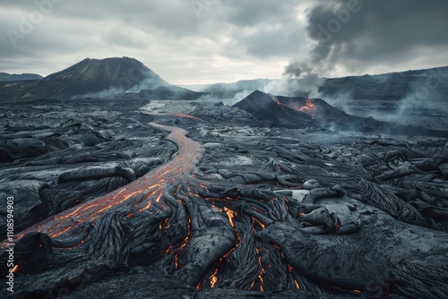 Dramatic Volcanic Landscape with Lava Fields photo