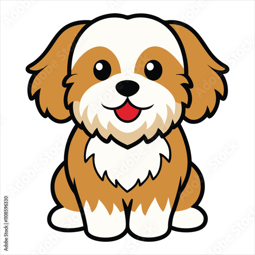 Cute Baby Cartoon Lhasa Apso Dog Sitting Vector Illustration Design