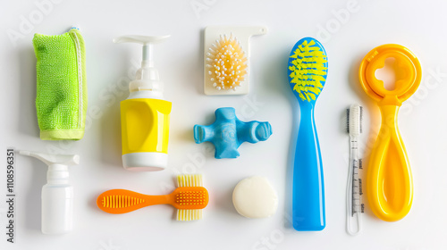 Baby Hygiene Accessories: Baby hygiene accessories isolated on a white background, including items like baby wipes, lotion, and shampoo.