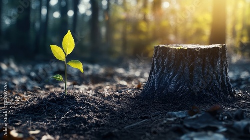 New Life Emerging from the Ashes A Young Sapling Grows Beside a Tree Stump in a Sunlit Forest