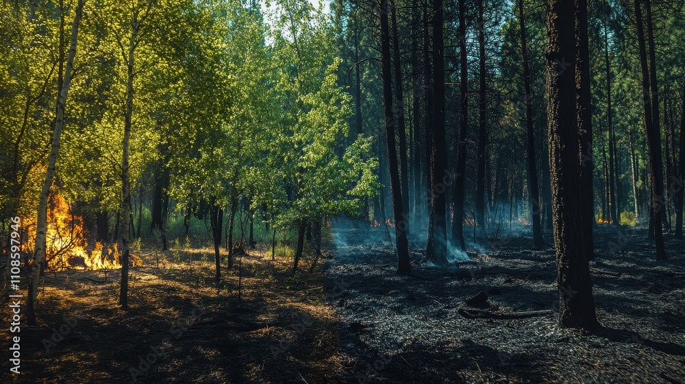 Fototapeta premium Dramatic Contrast Wildfire Aftermath in a Lush Forest - Burning Trees and Smoky Air Beside Untouched Nature