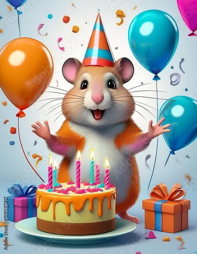 Birthday hamster with balloons and cake cartoon 