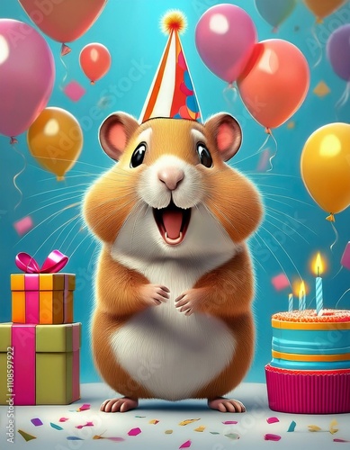 Birthday hamster with balloons cartoon 