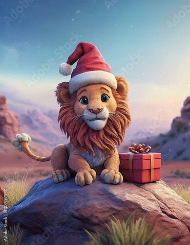 Christmas lion with gifts cartoon 