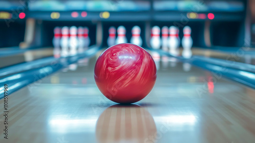 Bowling Ball hits bowling pins on white background photo