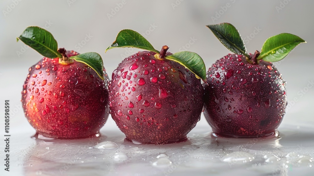 Fototapeta premium Three glistening red apples with droplets on a reflective surface.