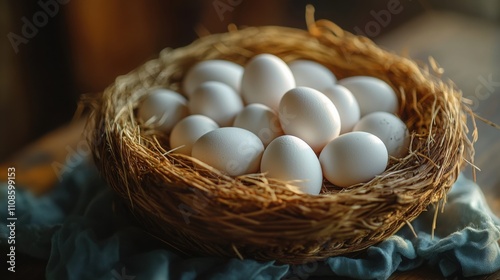 A rustic basket filled with eggs on a wooden table, leaving ample space for text or design. photo