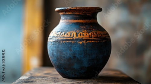 A rustic clay pot on a faded wooden table, leaving negative space for additional design elements. photo