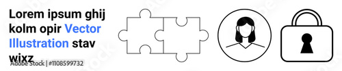 Business text alongside icons of connected puzzle pieces, a female avatar in a circle, and a padlock. Ideal for business strategy, teamwork, collaboration, identification, security, privacy