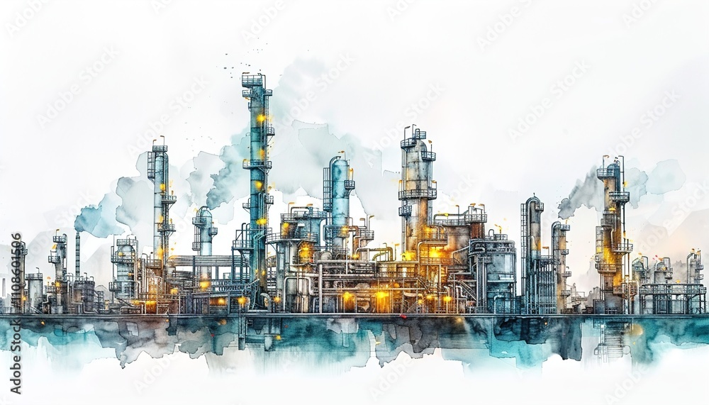 Watercolor drawing paint of industry zone, refinery power plant energy station for stored, Watercolor drawing paint of industry zone, refinery power plant energy station for stored,