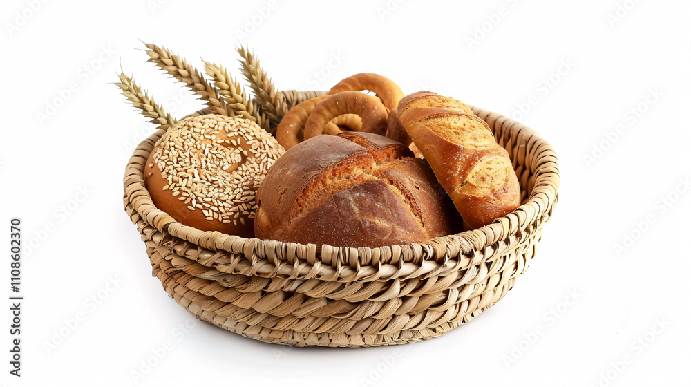 Bakery products in a straw basket, isolated on a white background. Bakery products in a straw basket, isolated on a white background.
