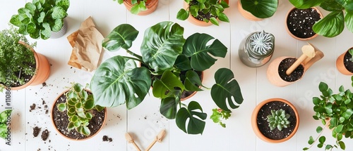 A flat lay of various houseplants in different pots on a white wooden table. Used as a background and a scene showing gardening.
