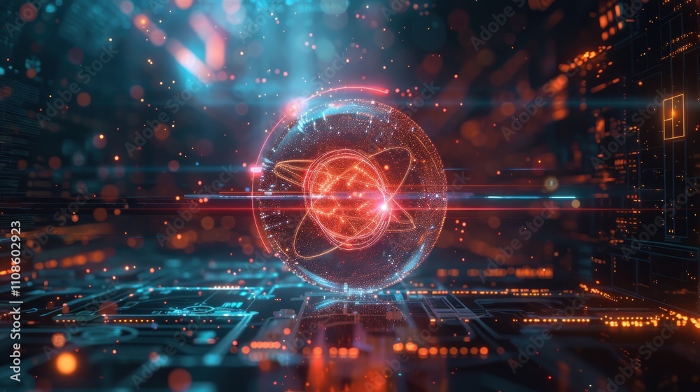 A glowing atom surrounded by digital circuitry and particles, symbolizing advanced technology. A glowing atom surrounded by digital circuitry and particles, symbolizing advanced technology.