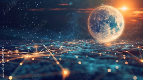 As the moon passes in front of the sun a glowing circle of blockchain technology blocks out the outdated forms of physical currency below. photo