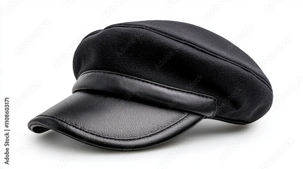 A photostock of a black beret resting on a white background, highlighting minimalist fashion with a timeless appeal. High Quality A photostock of a black beret resting on a white background, highlighting minimalist fashion with a timeless appeal. High Quality