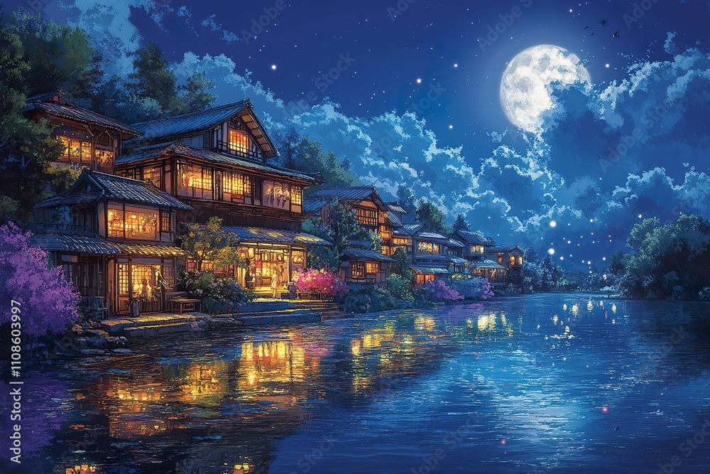 Fototapeta premium Nighttime Village Scene Illuminated Along Calm Water