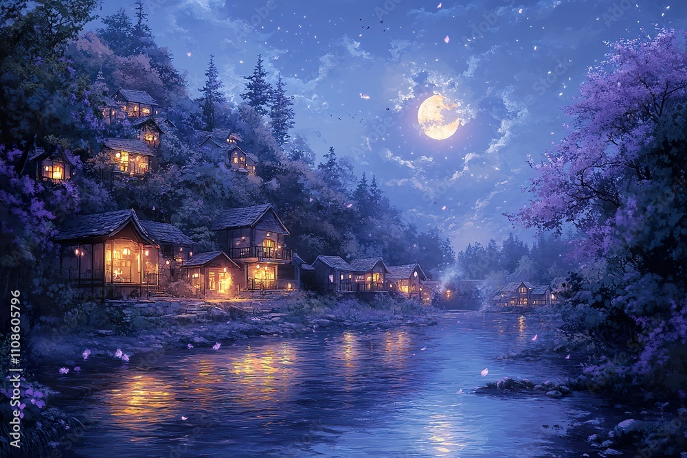 Fototapeta premium Moonlit Village Beside A Tranquil River Under A Starry Sky