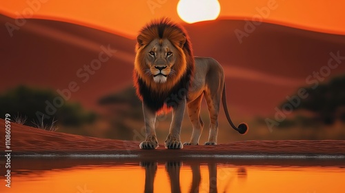 Majestic lion standing at the edge of an oasis during sunset photo