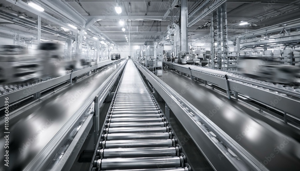 Fototapeta premium 자동화된 생산 라인 위에서 움직이는 컨베이어 벨트와 제품들의 윤곽