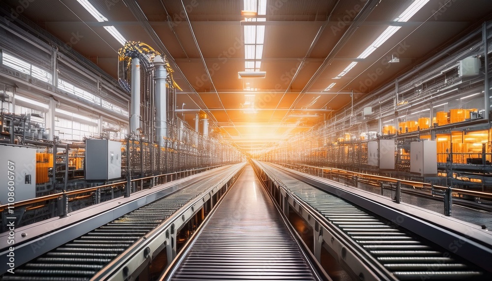 Obraz premium 자동화된 생산 라인 위에서 움직이는 컨베이어 벨트와 제품들의 윤곽